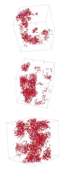 Fig. 3.2.3-20. Iso-concentration distribution above 9 at% Cr at the top, middle, and bottom region (ø15 nm x 15 nm) in the cylinder-2. The color of red and blue indicates Fe and Cr atoms respectively.