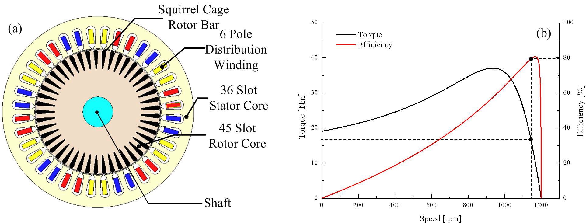 그림 36) (a) 해석 모델, (b) 정상상태의 토크 / 효율 특성.