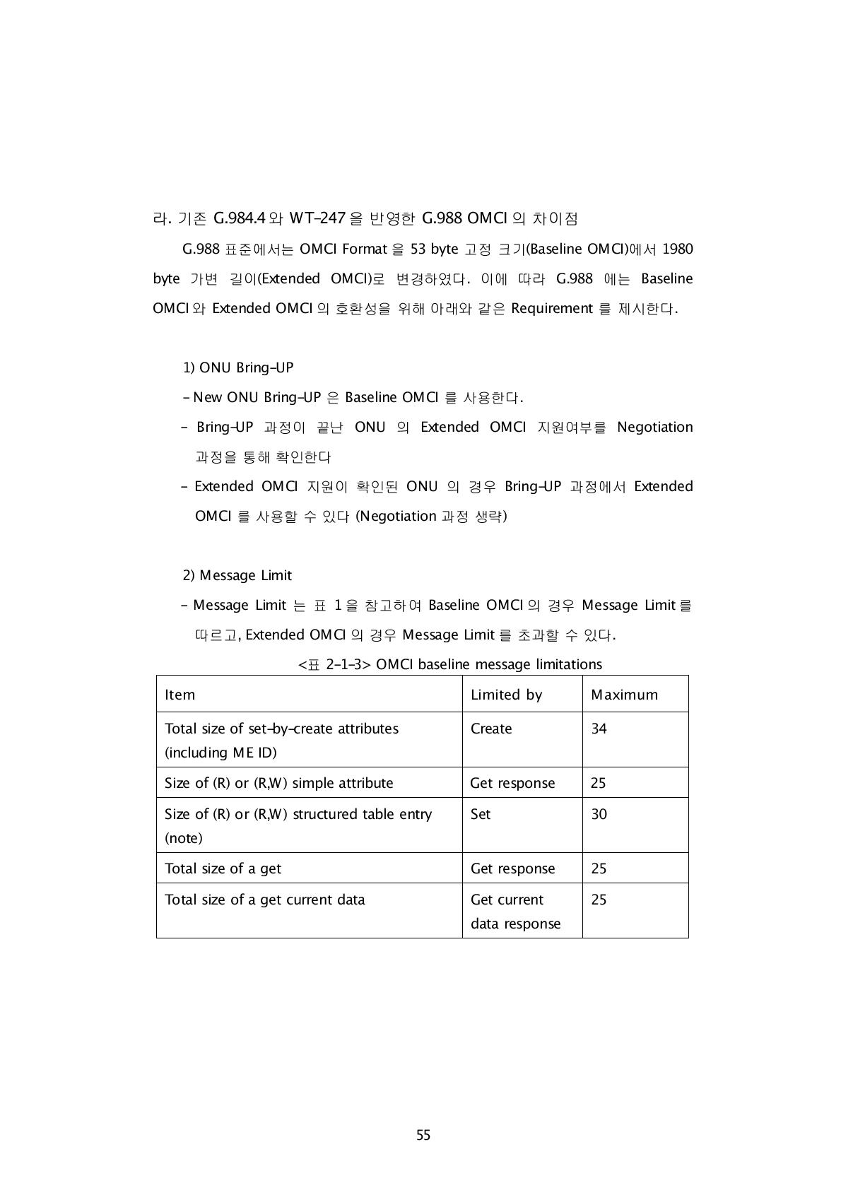 OMCI baseline message limitations Item Limited by Maximum