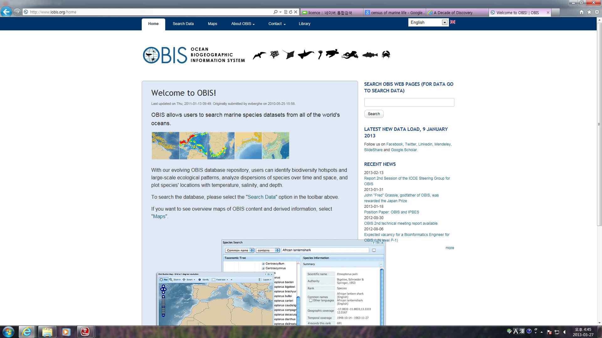 Oceanographic Biogeographic Informarion System(OBIS) 홈페이지창