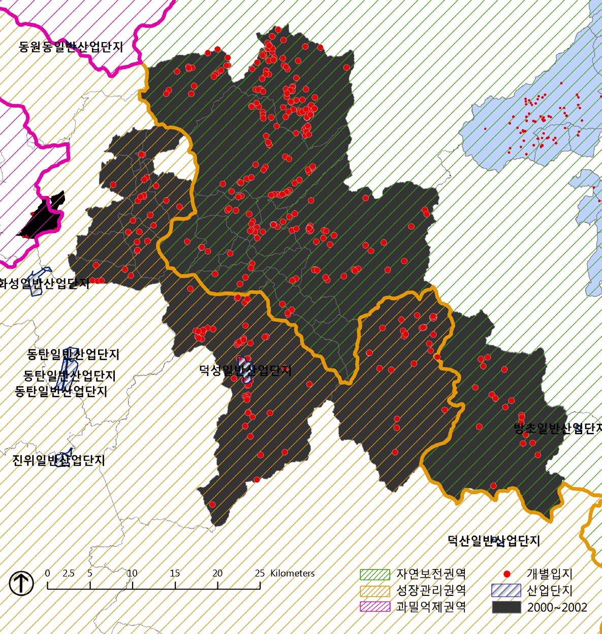 경기 남부 용인시 처인구 개별입지 시공간집중(2002)과 산업단지(계획입지) 비교