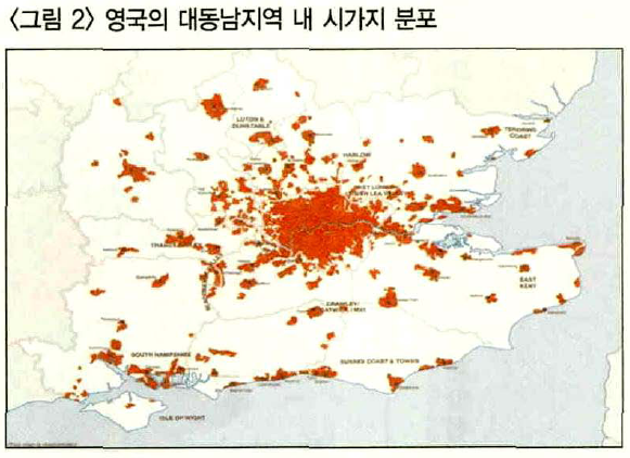 영국의 대동남지역(Greater South East) 시가지분포