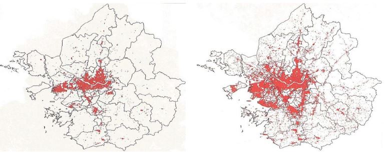 수도권 외연적 확산 추이(좌측 1985년에서 우측 2003년)