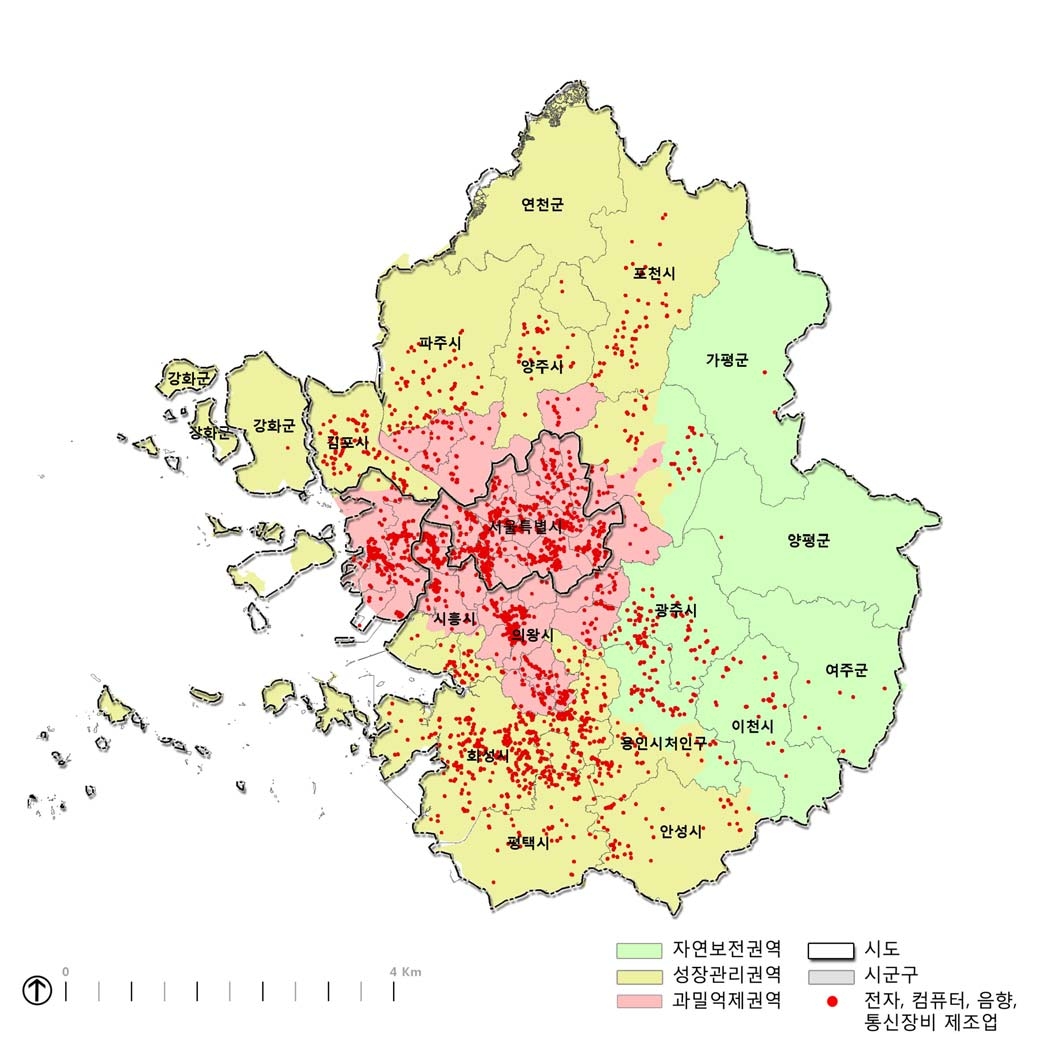 수도권 전자, 컴퓨터, 음향 및 통신장비 제조업 개별입지공장 분포도