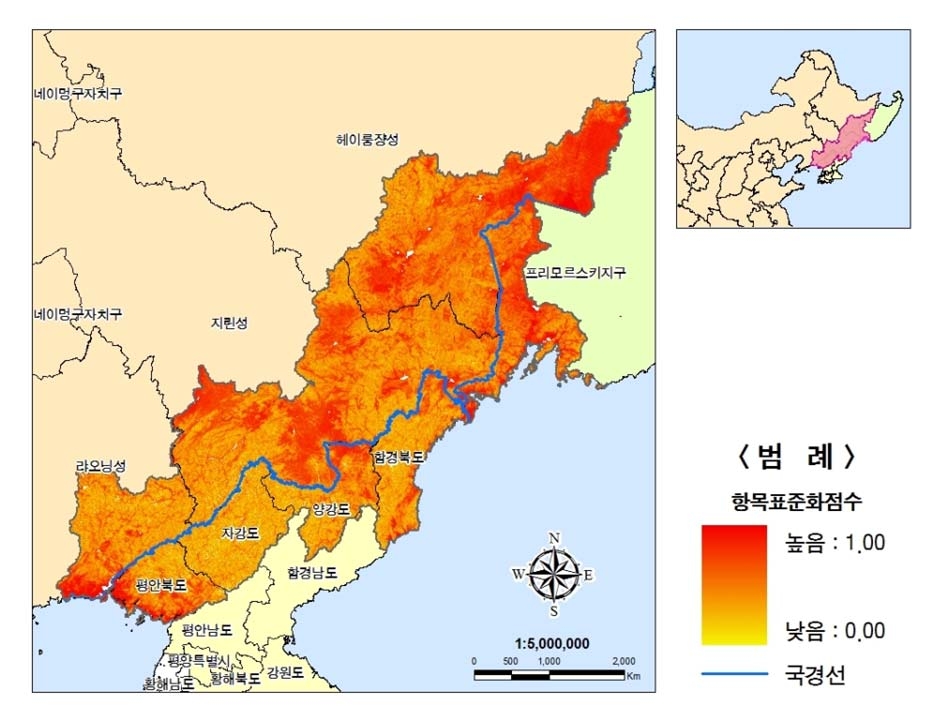 북‧중‧러접경지역의 경사도항목 표준화점수 분포도