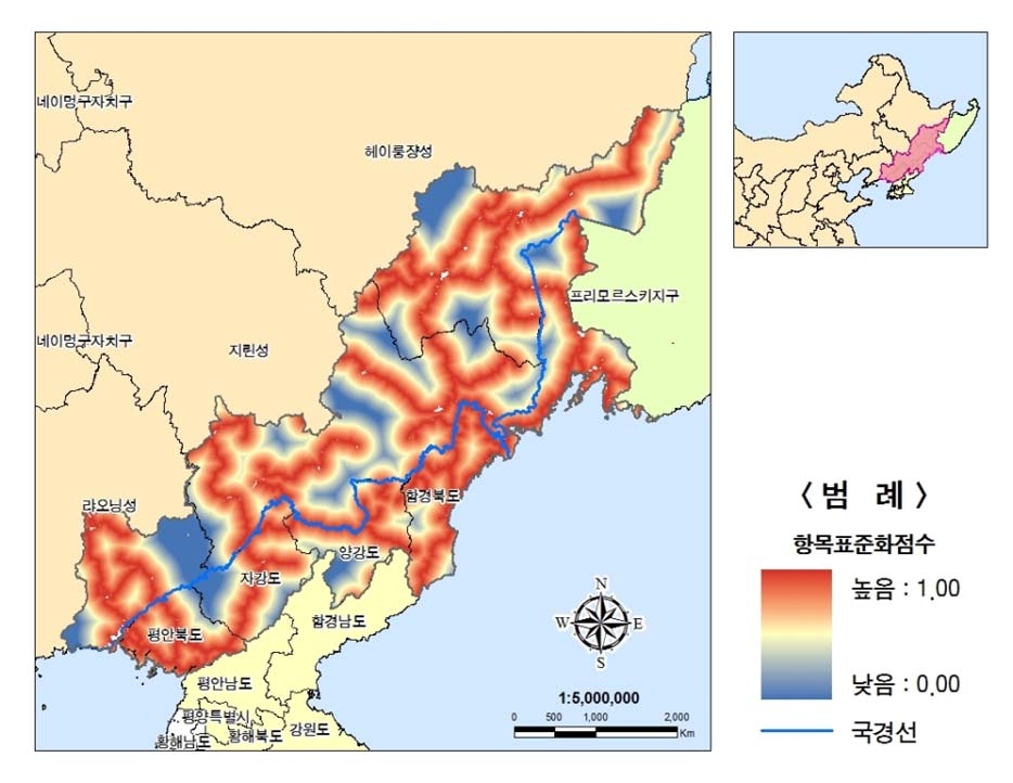 북‧중‧러접경지역의 철도와의 거리항목 표준화점수 분포도