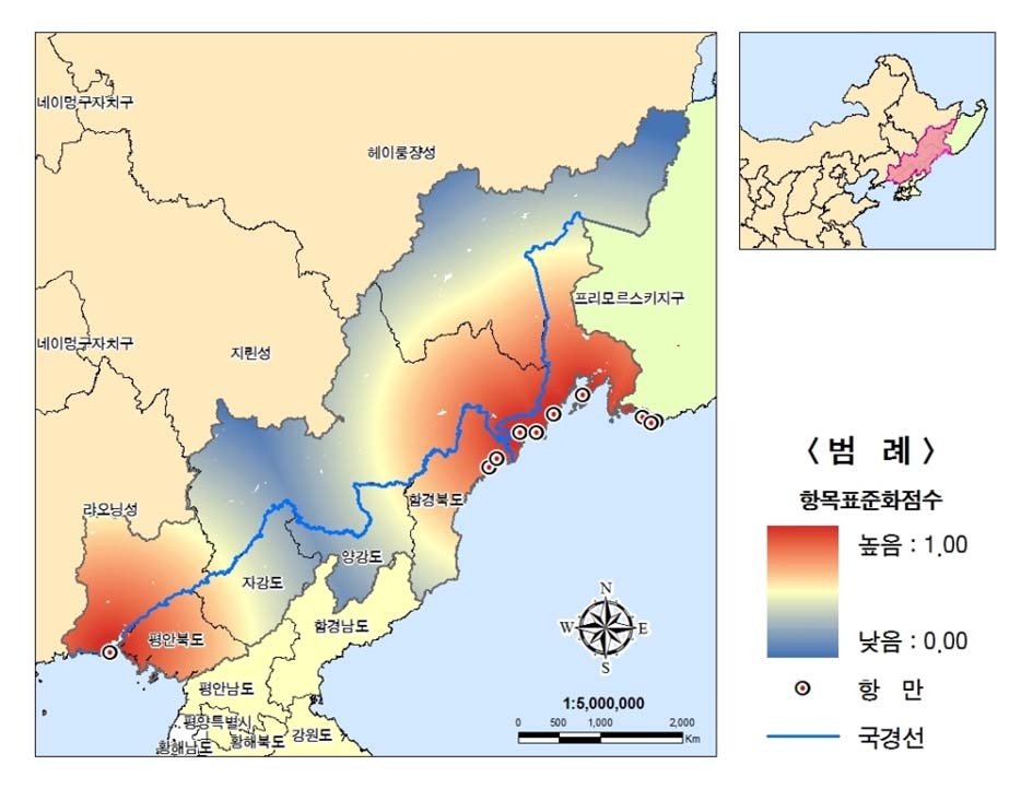 북‧중‧러접경지역의 항만과의 거리항목 표준화점수 분포도