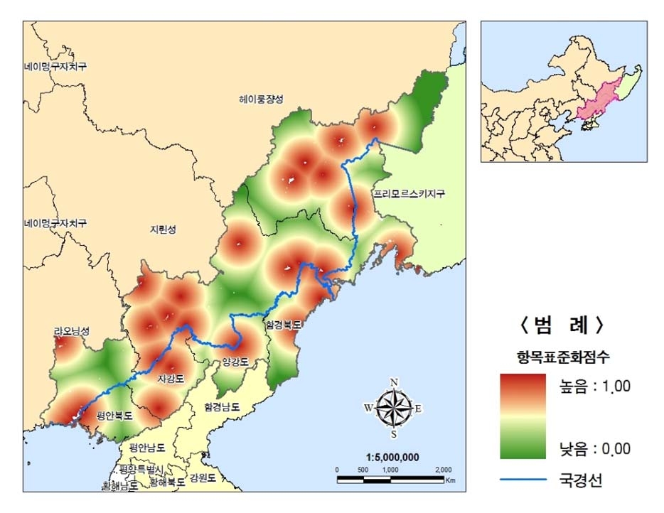 북‧중‧러접경지역의 공업단지와의 거리항목 표준화점수 분포도