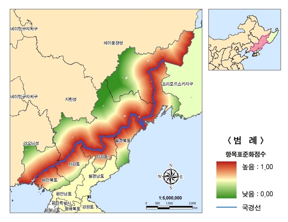 북‧중‧러접경지역의 국경선과의 거리항목 표준화점수 분포도