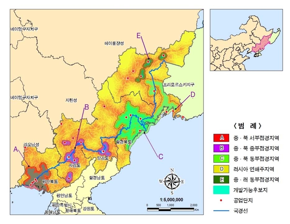 북‧중‧러접경지역의 5개 지역군별 개발가능후보지 분포도