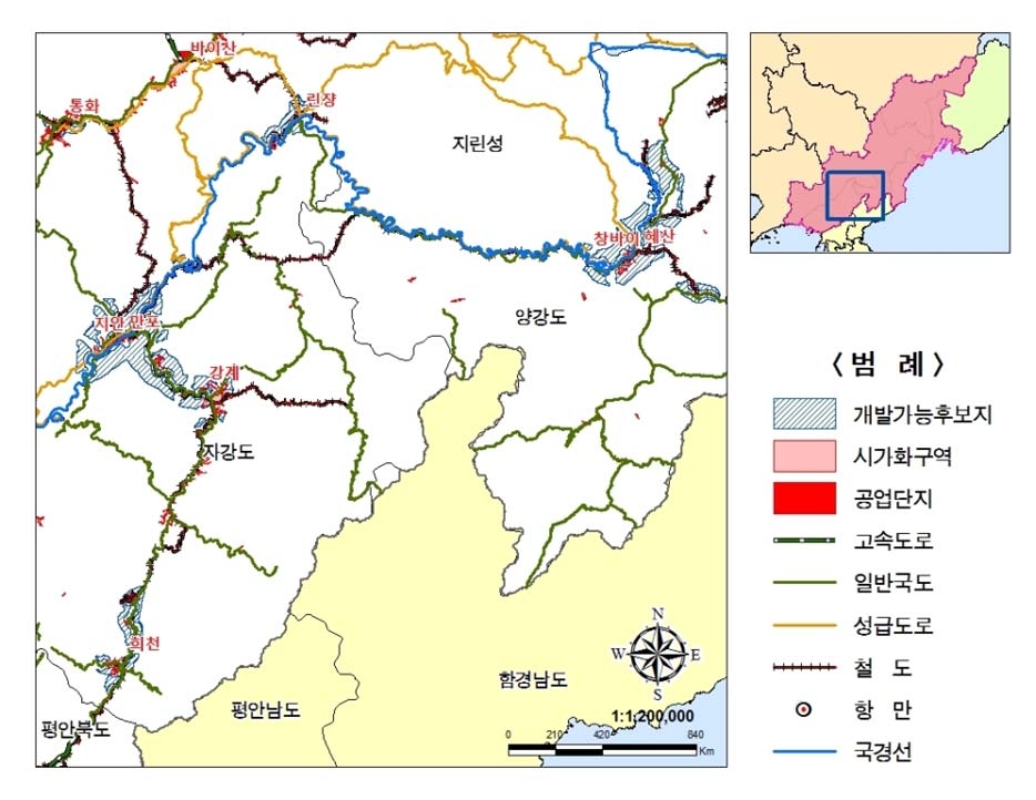 북‧중 중부접경지역 개발가능후보지의 입지‧기반시설여건 분포도