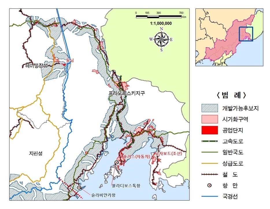 러시아 연해주지역 개발가능후보지의 입지‧기반시설여건 분포도