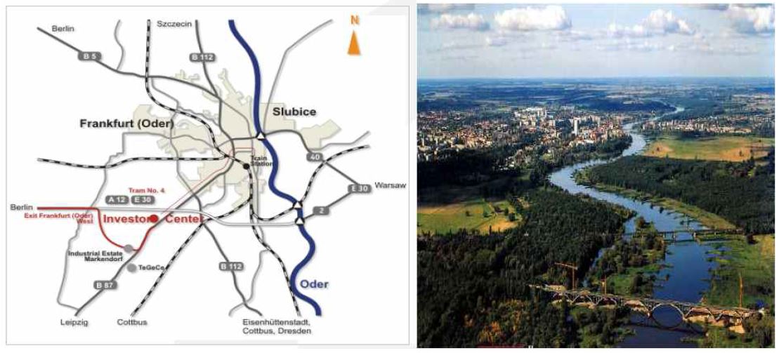 독일 프랑크푸르트-오더(Frankfurt-Oder)와 폴란드의 슬루비체(Slubice)의 위치