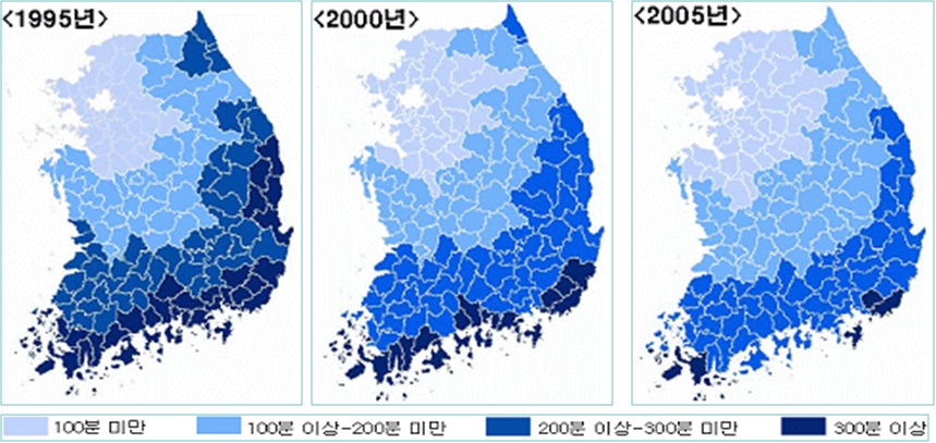 서울시로의 평균 접근시간 연도별 변화