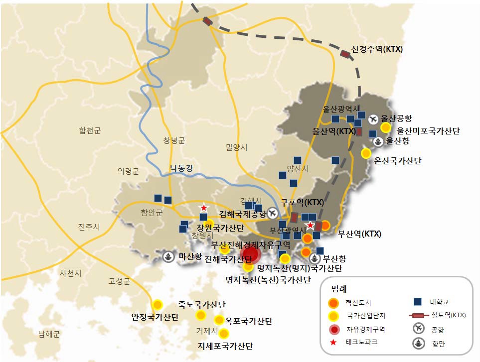 부산·울산도시권의 주요 성장거점