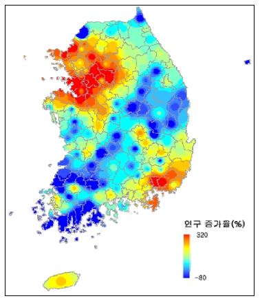 전국 인구 증가율 분포(2000-2010)