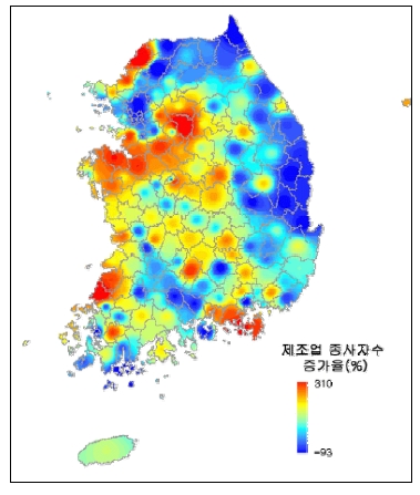 전국 제조업종사자수 증가율 분포(2000-2009)