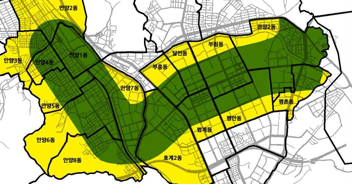 안양시 대중교통회랑 영향권역과 소속 행정동 구획도