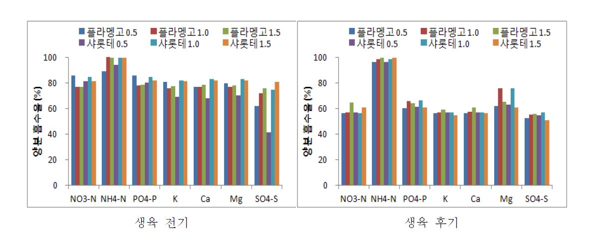 그림 1. 품종 및 농도 처리별 양분흡수율