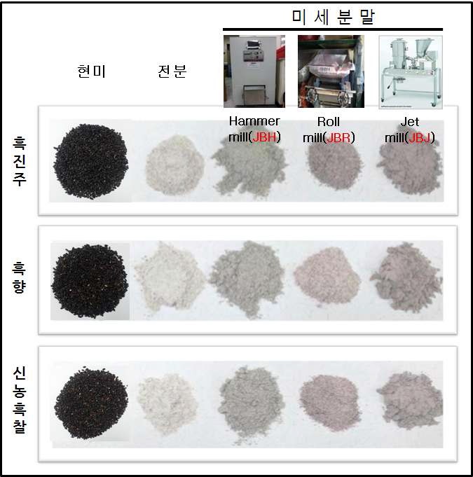 그림. 3 진도검정쌀 품종별 미세분말