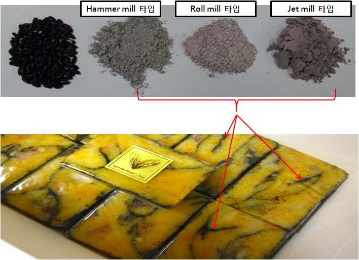 그림 6. 구름떡 제조 및 각 미세분말 타입별 흑미 분말