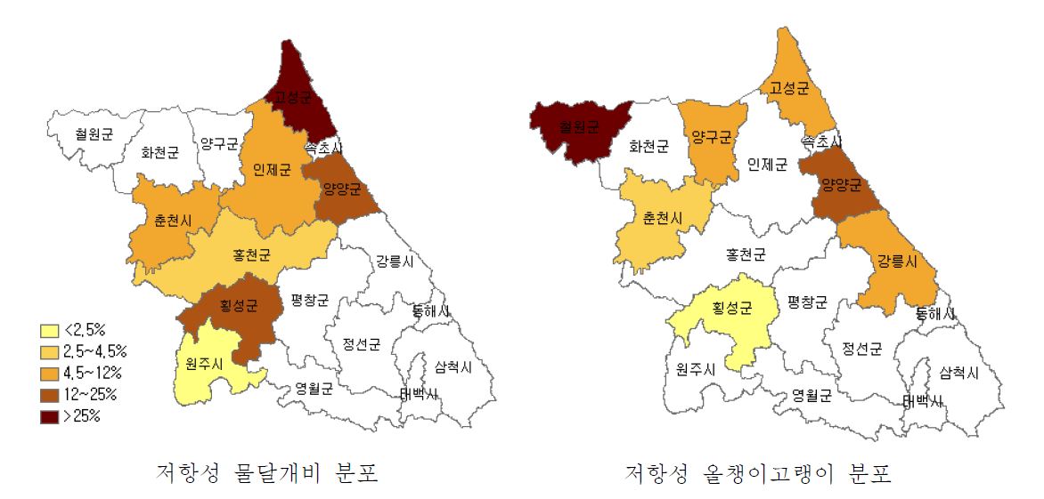 Fig 11. Distribution of resistant weed in Gangwon province. (2012)