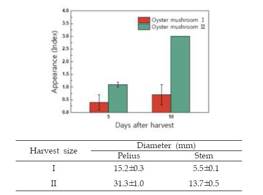 Fig. 2-2. Effect of harvest size on the external quality of oyster mushroom after 5 to 10 days of storage