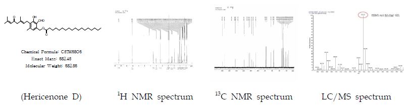 그림13. 분리성분 헤리세논D의 NMR 및 LC/MS 데이터