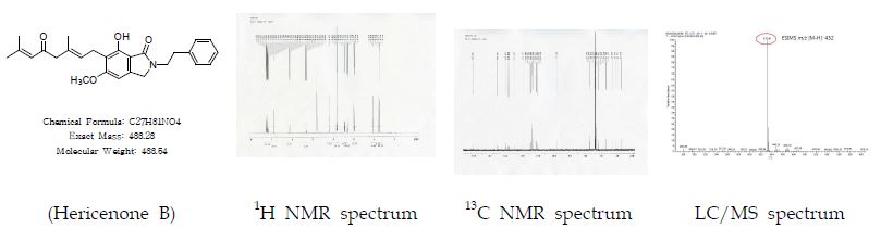 그림14. 분리성분 헤리세논B의 NMR 및 LC/MS 데이터