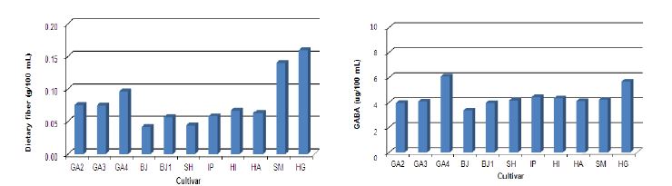 그림 10. 품종별 막걸리 식이섬유 함량(좌)과 GABA 함량(우)