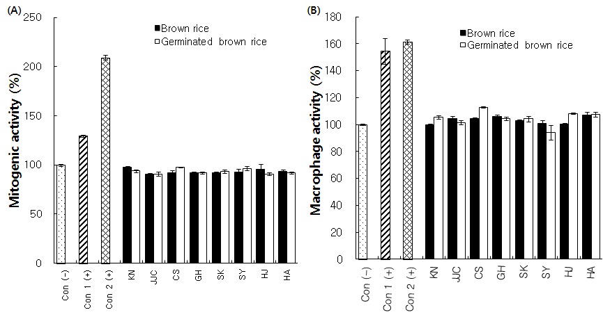 Fig. 13. Mitogenic activity (A) and macrophage activity (B) of 70% ethanol extracts(100 ug/mL) of brown rice and germinated brown rice