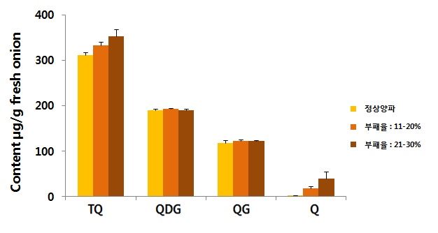 그림 5. 양파의 부패정도별 Quercetin 및 Quercetin 배당체 함량 비교