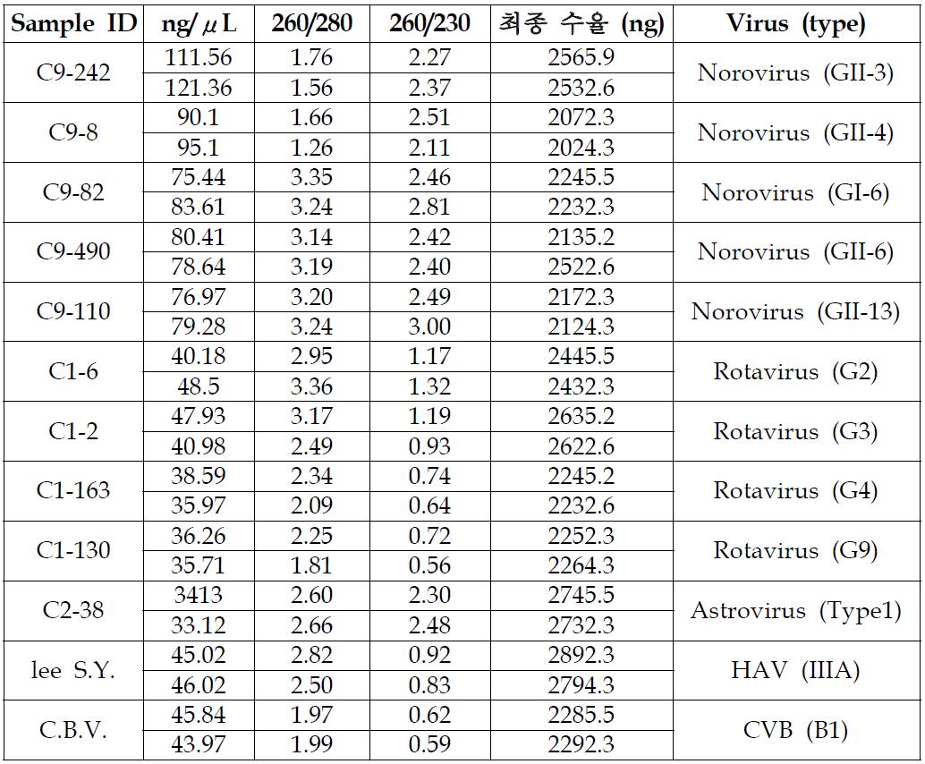 임상시료와 환경시료의 증폭 후 정량 결과