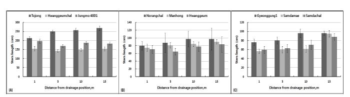 Fig. 3-6. Comparison of sorghum, proso millet and foxtail millet stem length as distance at installed drainage position under drainage classes.