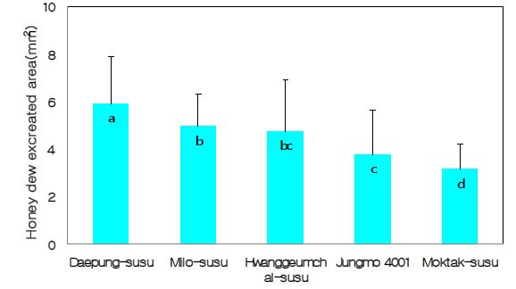 Fig. 4-10. Comparison of honey dew excreted area by oat aphid, Rhopalosiphum padi Linne in different varieties of sorghum