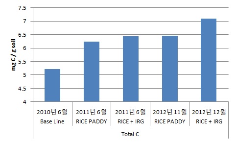 그림2-9. IRG 재배에 따른 총 탄소 농도 (0-15 cm 깊이의 가중평균치) 변화