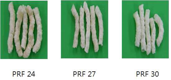 Shapes of rice extrudates with different moisture contents 24, 27, and 30%.