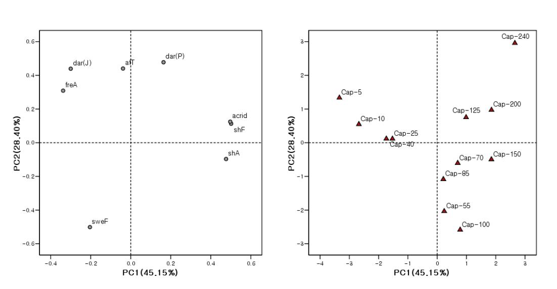 Principal component analysis on the amount of capsaicin1) and sensory attributes2) of hot pepper powders for gochujang.