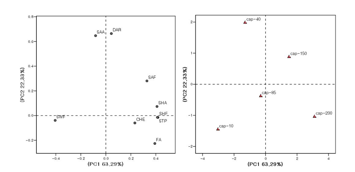 Principal component analysis on the capsaicin contents1) and sensory attributes2) of cucumber sengchae.