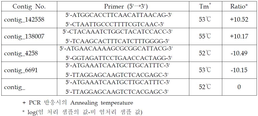 RT-PCR을 활용한 유전자 발현패턴에 이용된 유전자의 primer 정보