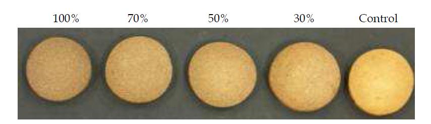 Appearances of cookie prepared with different sorghum flour contents.