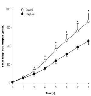 Total lymphatic absorption of total fatty acid for 8 hours. Values are expressed as means ± SD, n=5. Asterisks (*) denote significant differences at p < 0.05.