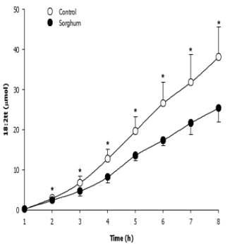 Total lymphatic absorption of linoelaidic acid for 8 hours. Values are expressed as means ± SD, n=5. Asterisks (*) denote significant differences at p < 0.05.