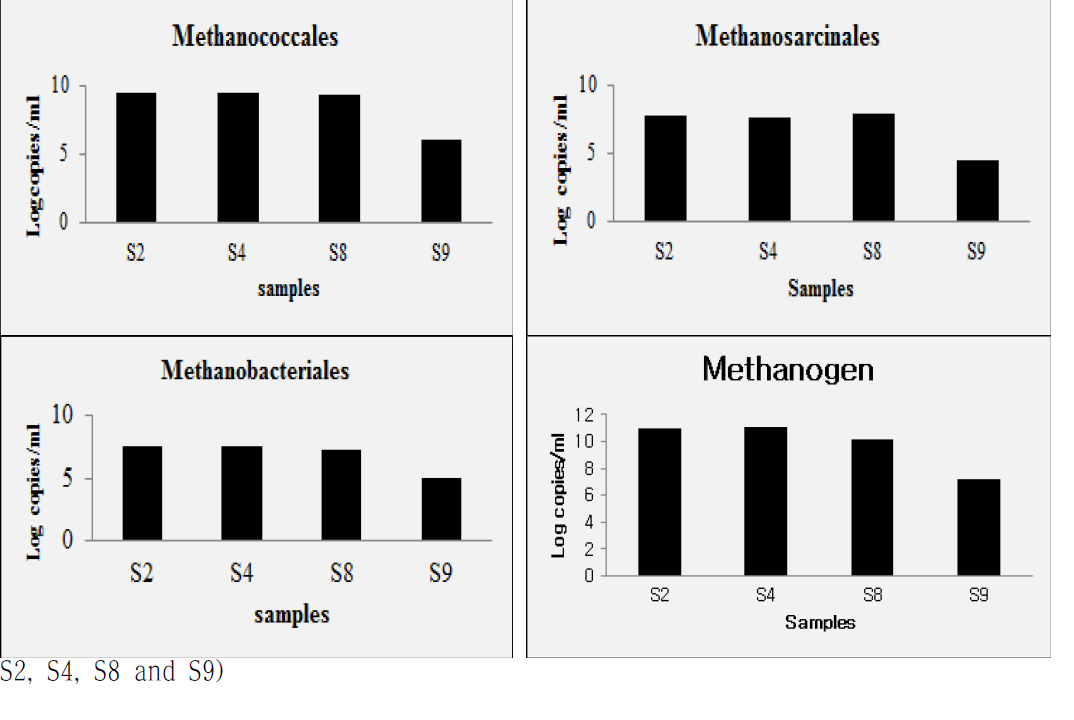 Absolute quantification (copy No./ml) of methangens with different orders and total methanogens in digestates after anaerobic digestion with different influent materials