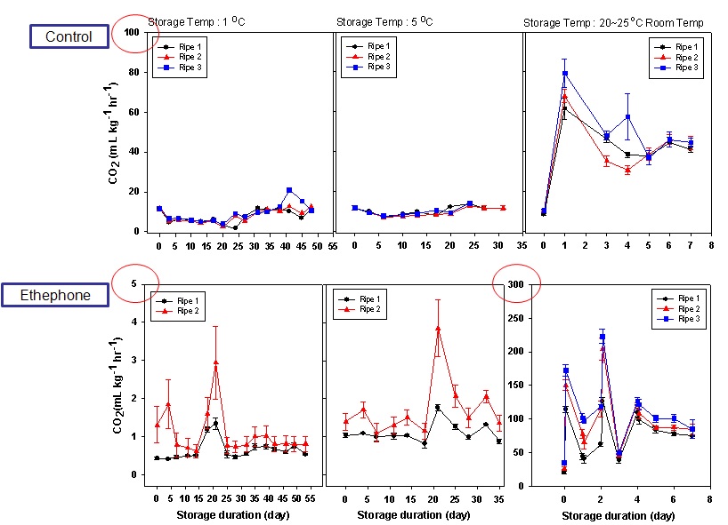 그림 1. 처리에 따른 저장기간 중 호흡량 변화