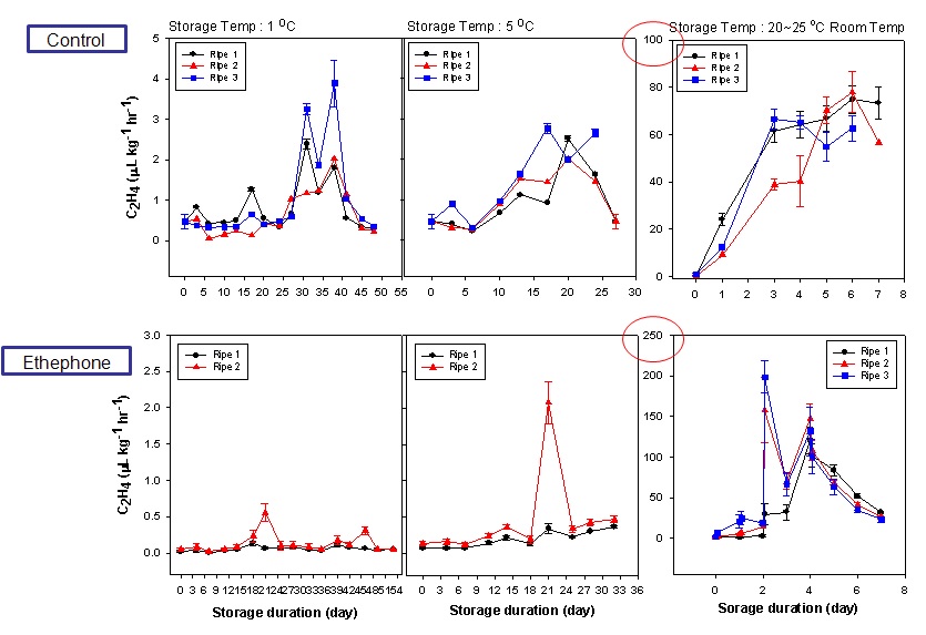 그림 2. 처리에 따른 저장기간 중 에틸렌 발생량 변화