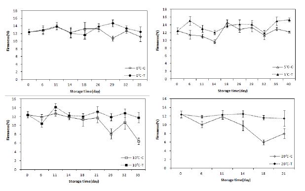 그림 9. 온도별 1-MCP 처리에 따른 자두 ‘추희’ 과실의 경도 변화