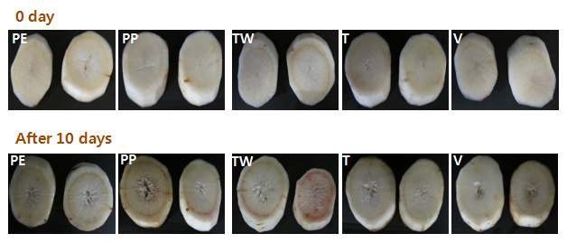 Fig. 17. Changes of appearance value of fresh-cut burdock by different packaging types at 4℃ (PE: Polyethylene, PP: Polypropylene, TW: PET (polyethylene terephthalate) tray+wrapping, T: PET tray, V: Vacuum).