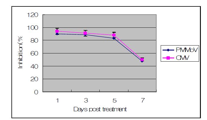 Duration of inhibitory activity of KN1151 against PMMoV and CMV infection on host plants. Each point represents the mean of three trials and the vertical bars indicate SE ranges.