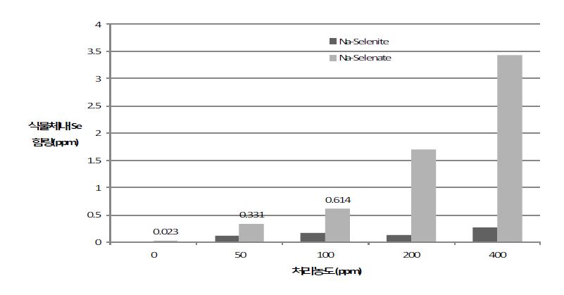 그림 3. 셀레늄 약제 종류 및 농도별 청보리 ‘영양’의 식물체 Se 함량(‘11)